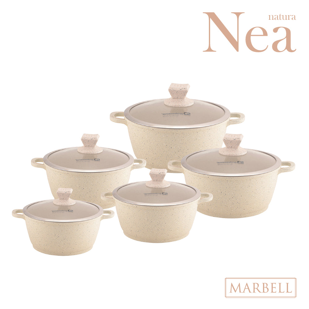 Nea Marbell Diecast Stockpot Set 5 Pack Natura-Cream Marble Effect 20-24-28-30-32cm 6757 (Big Parcel Rate)