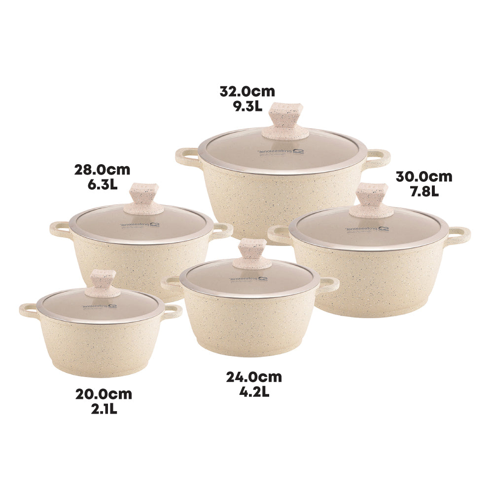 Nea Marbell Diecast Stockpot Set 5 Pack Natura-Cream Marble Effect 20-24-28-30-32cm 6757 (Big Parcel Rate)