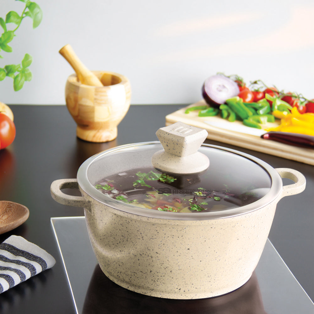 Nea Marbell Diecast Stockpot Set 5 Pack Natura-Cream Marble Effect 20-24-28-30-32cm 6757 (Big Parcel Rate)