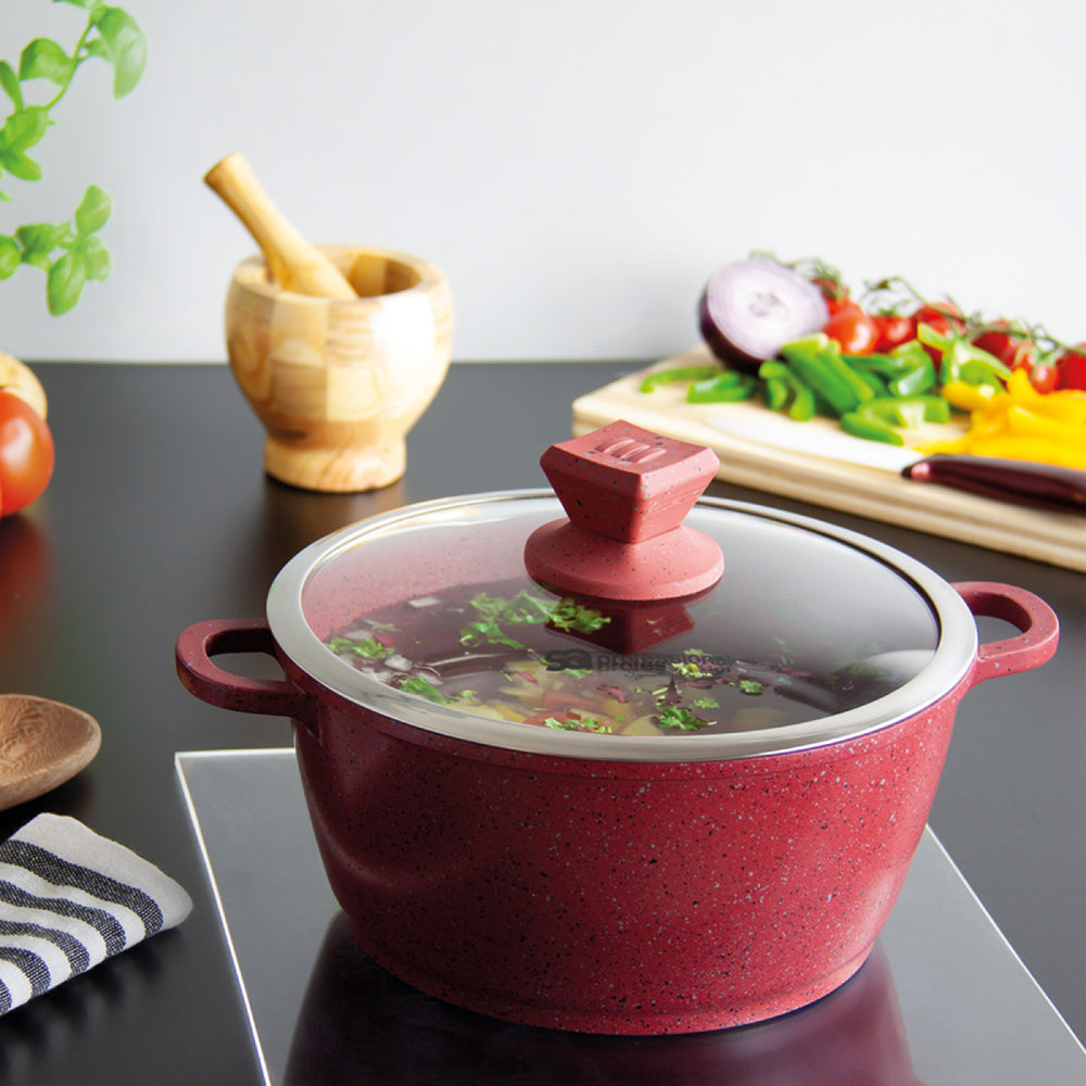 Nea Marbell Diecast Stockpot Set 5 Pack Rossa Red Marble Effect 20-24-28-30-32cm 6759 (Big Parcel Rate)